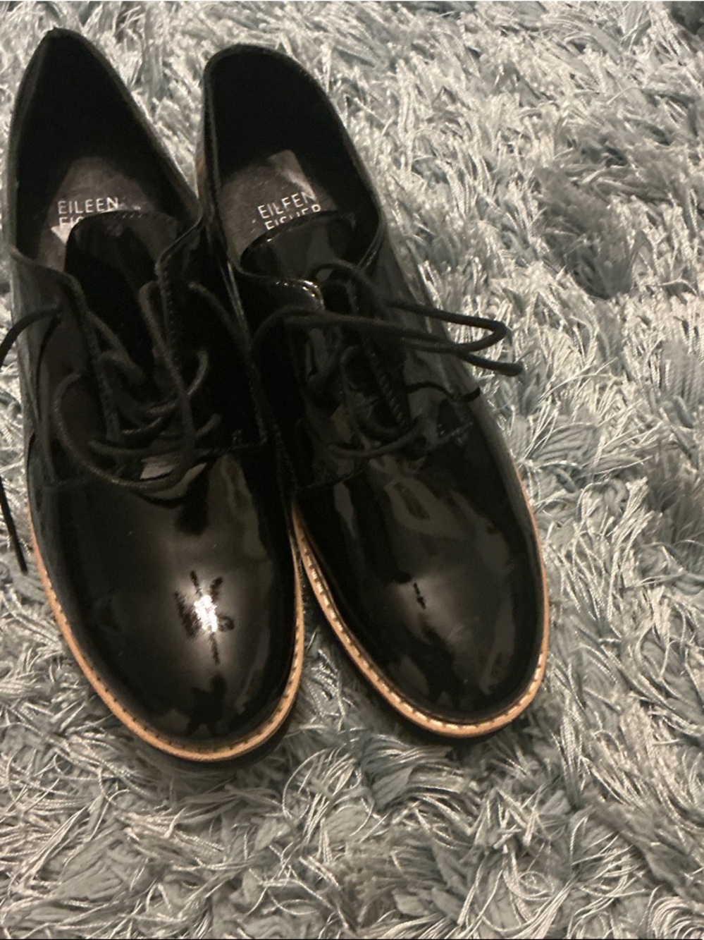 Eileen Fisher Black Patent Lace-Up Oxfords with Tan Welt